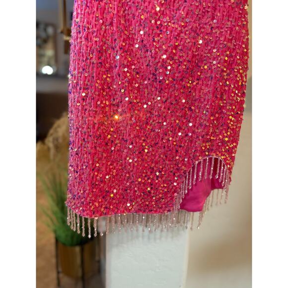 Double Crazy Pink Sequin Crystal Beaded Hem Mini Dress Size S 2-6 - Picture 4 of 8